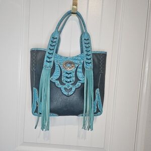 Cowgirl Trendy CCW Concealed Carry Turquoise Fringe Western Tote Bag Boho